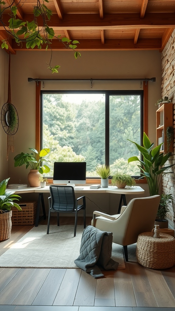 A minimalist home office with a view of nature, featuring plants, wooden ceiling, and simple furniture.