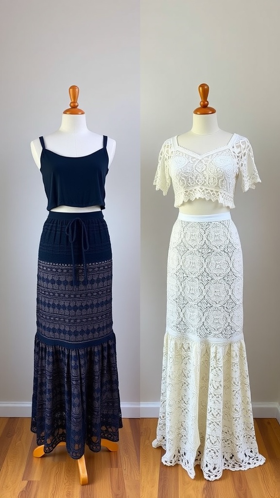 Side by side crochet maxi skirts, one navy and one white, displayed on mannequins.
