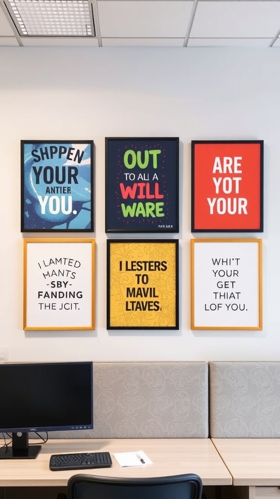 A collection of colorful inspirational wall art prints displayed on a cubicle wall.