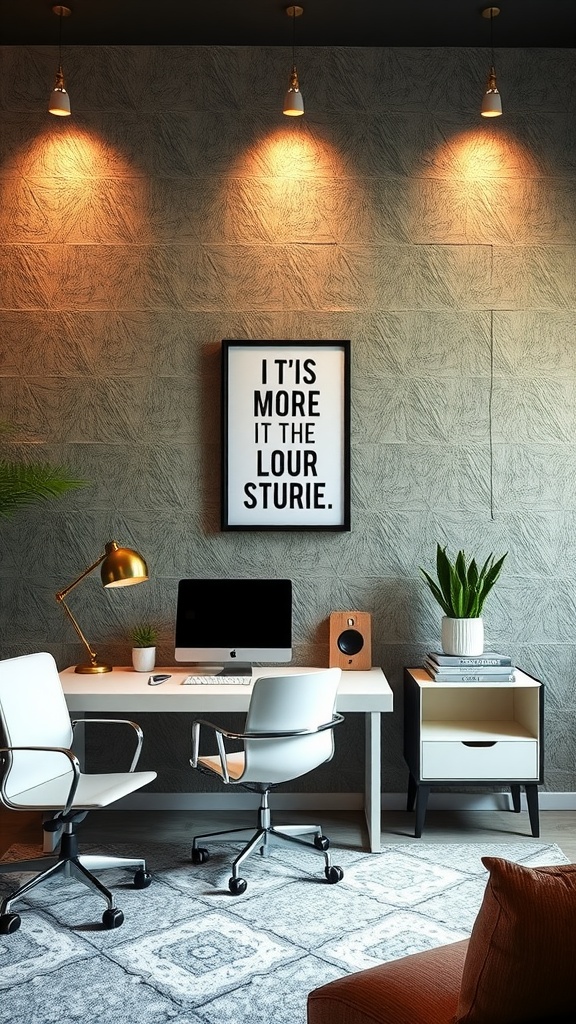 Modern home office with a textured accent wall, desk, and stylish decor.