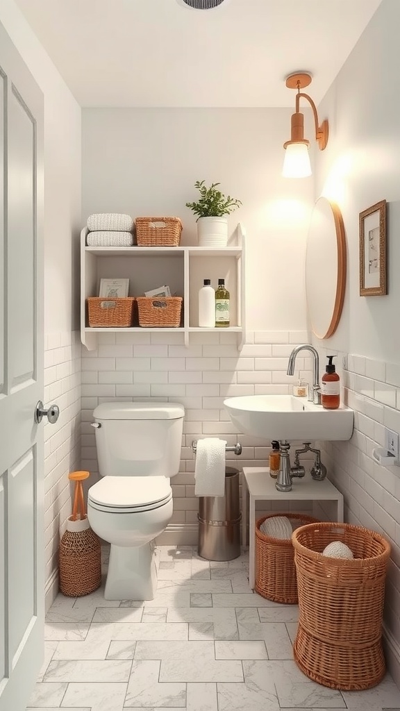 A small, organized bathroom with white walls, wooden accents, and neatly arranged storage.