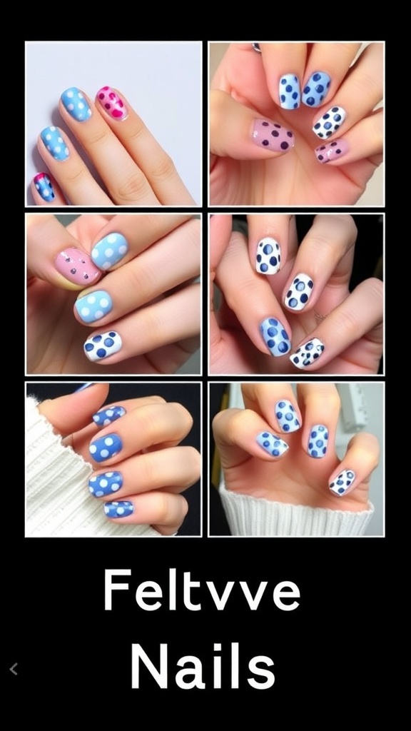 A collage of different blue polka dot nail designs showcasing various styles and patterns.