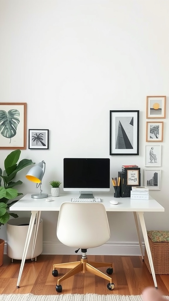 A stylish small home office featuring a white desk, modern chair, and framed artwork on the wall.