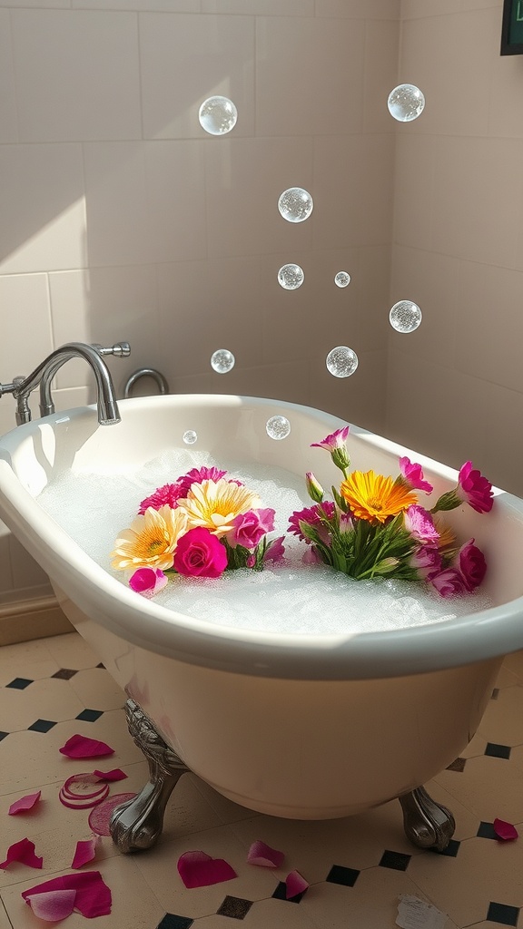 A clawfoot tub filled with bubbles and colorful flowers, creating a relaxing bath atmosphere.
