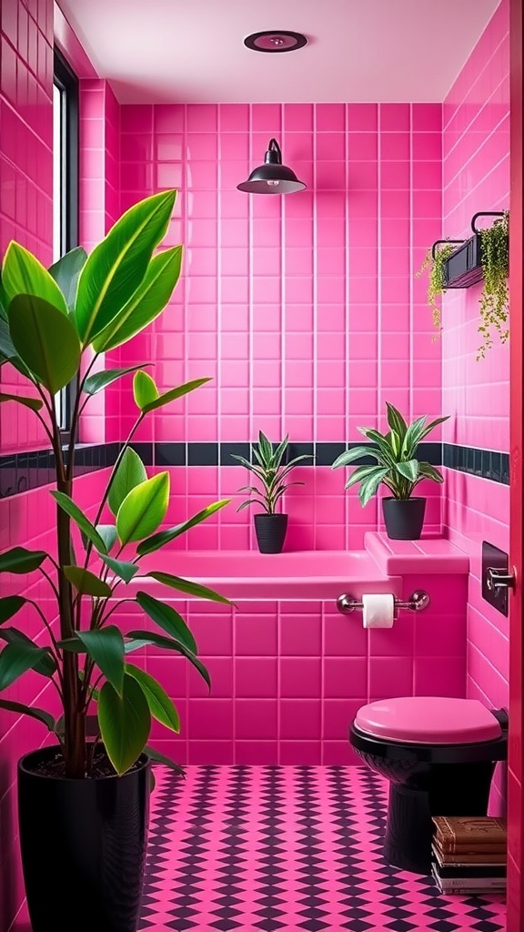 A vibrant pink and black bathroom featuring potted plants, creating a lively contrast