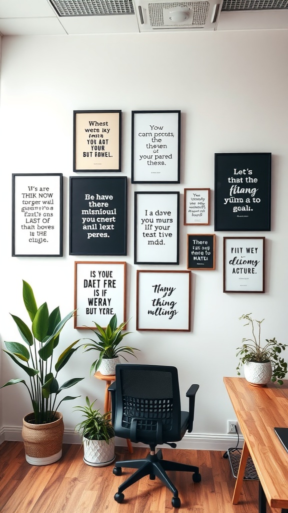 A collection of inspiring quote prints framed and displayed on an office wall.