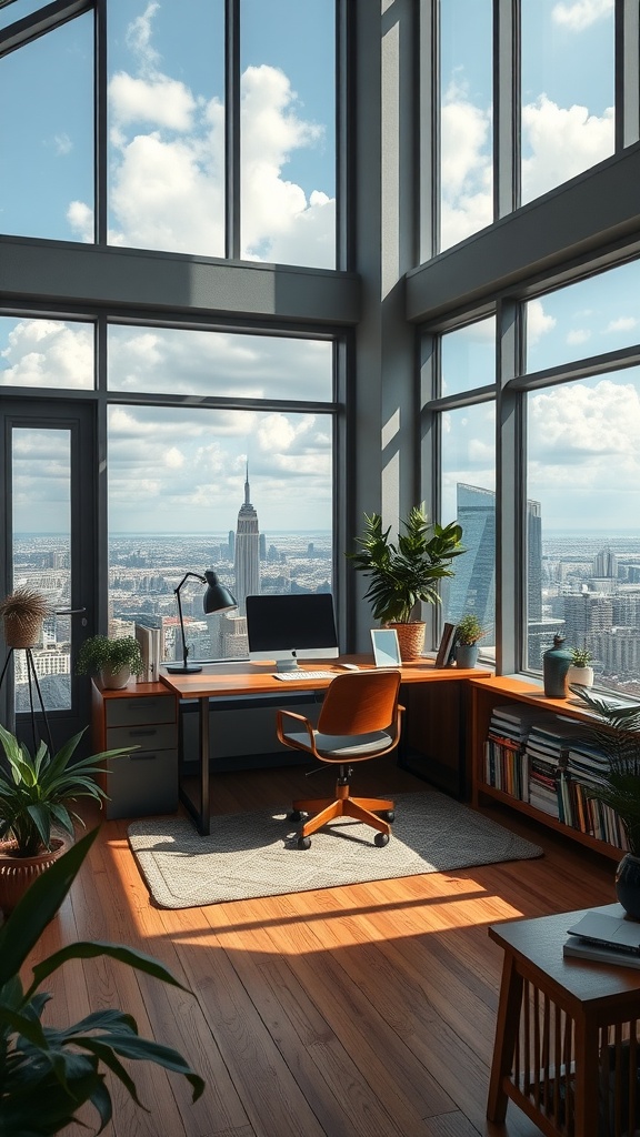 Modern home office with large windows and a view of the Empire State Building