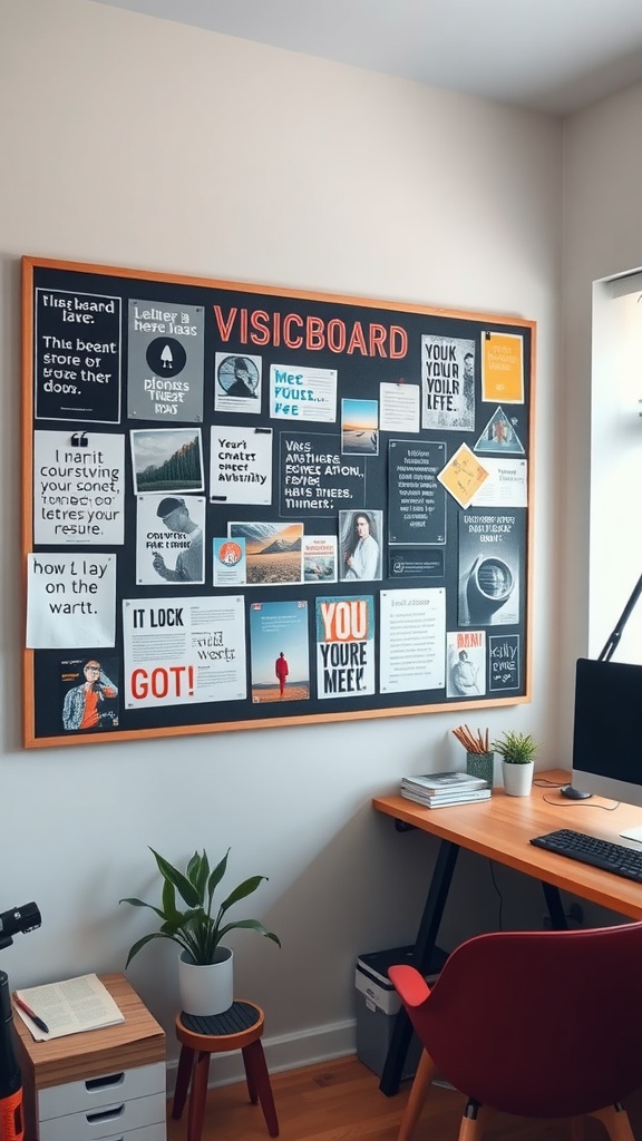 A vision board filled with motivational quotes and images in a cozy home office setting.