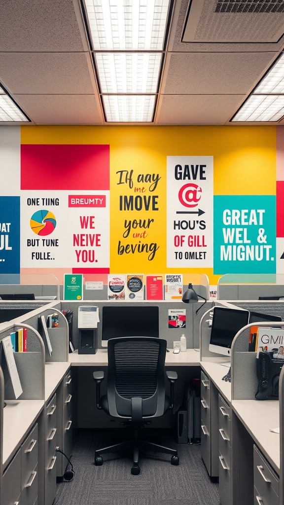 A vibrant cubicle with colorful wall art featuring motivational phrases and slogans.