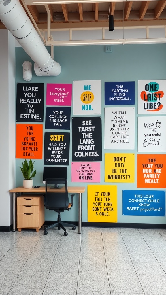 A workspace featuring colorful wall art with playful and inspiring messages.