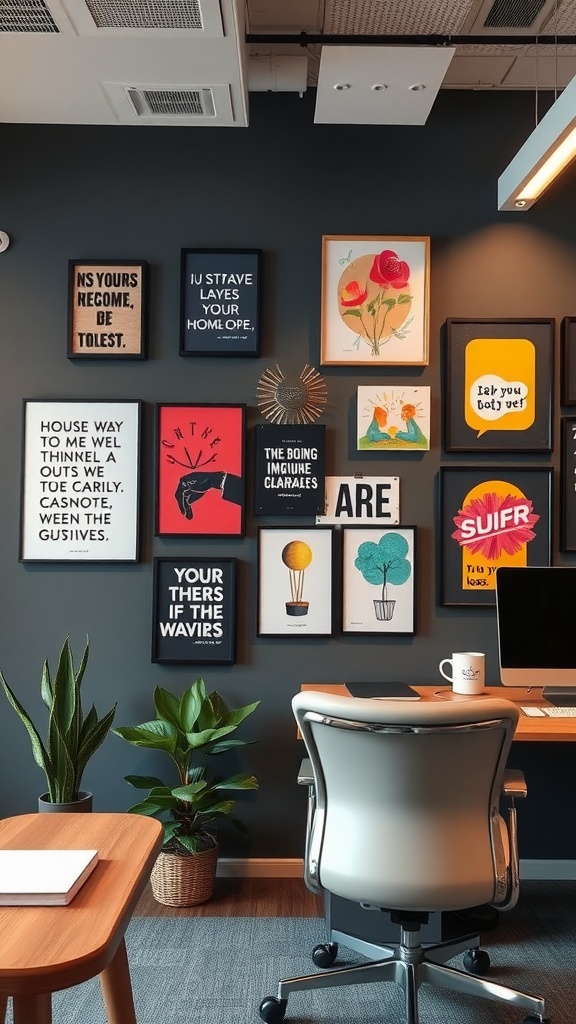 A vibrant wall of framed art featuring motivational quotes and colorful illustrations, set against a dark background in an office space.
