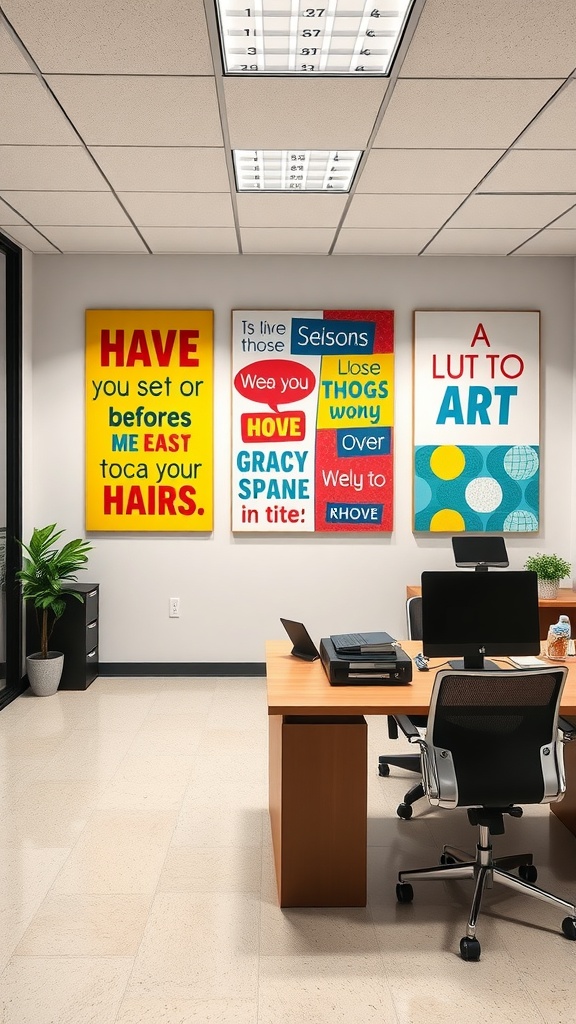 Bright office space featuring colorful wall art with playful typography.