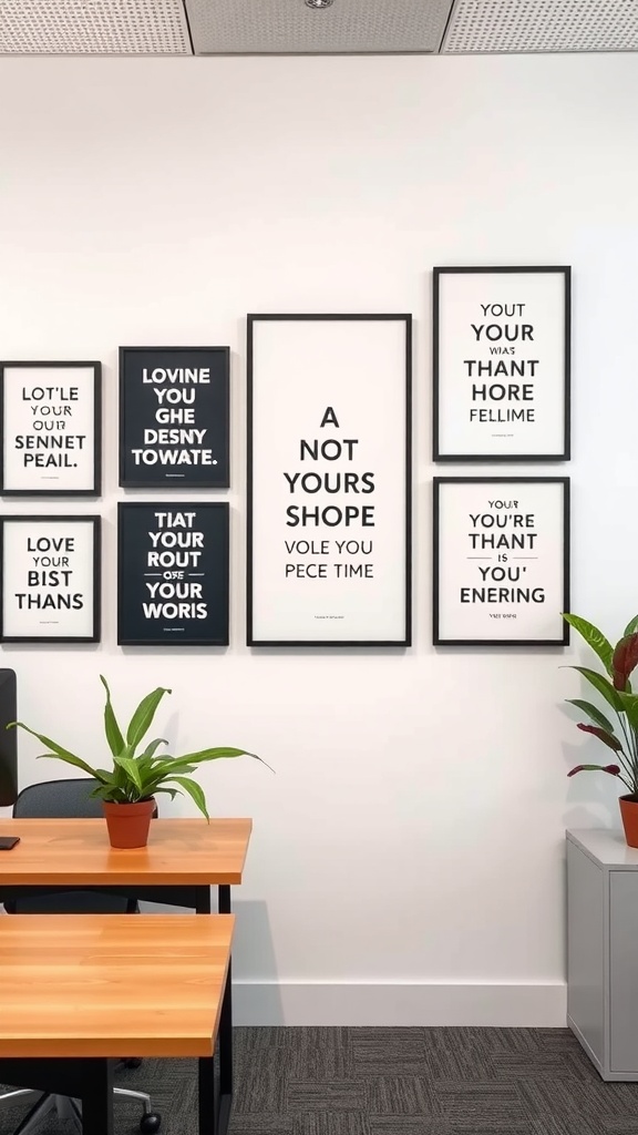 An office wall with various framed quotes and plants arranged neatly.