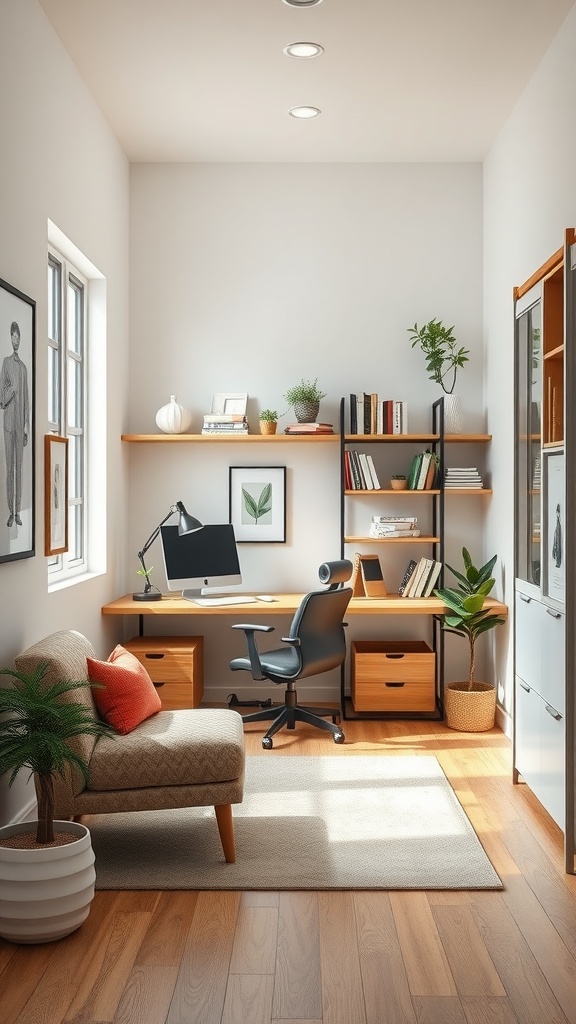 A modern home office with wooden furniture, a comfortable chair, plants, and minimal decor.