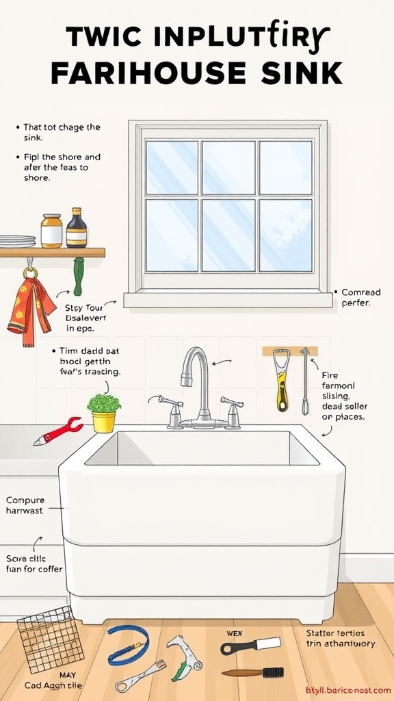 Diagram illustrating the installation of a farmhouse sink with tools and materials.
