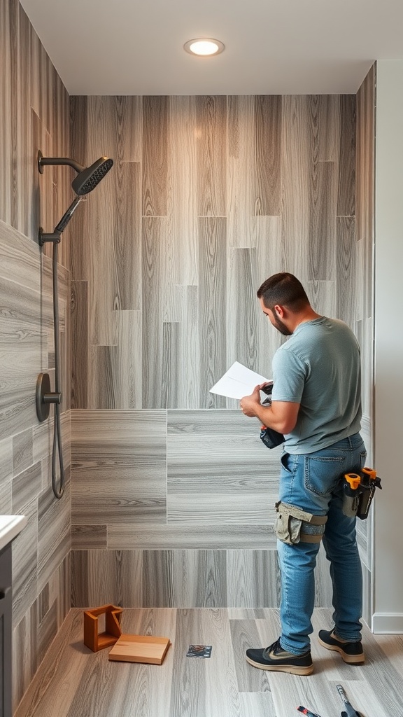 A person reviewing plans while installing wood look tiles on shower walls.