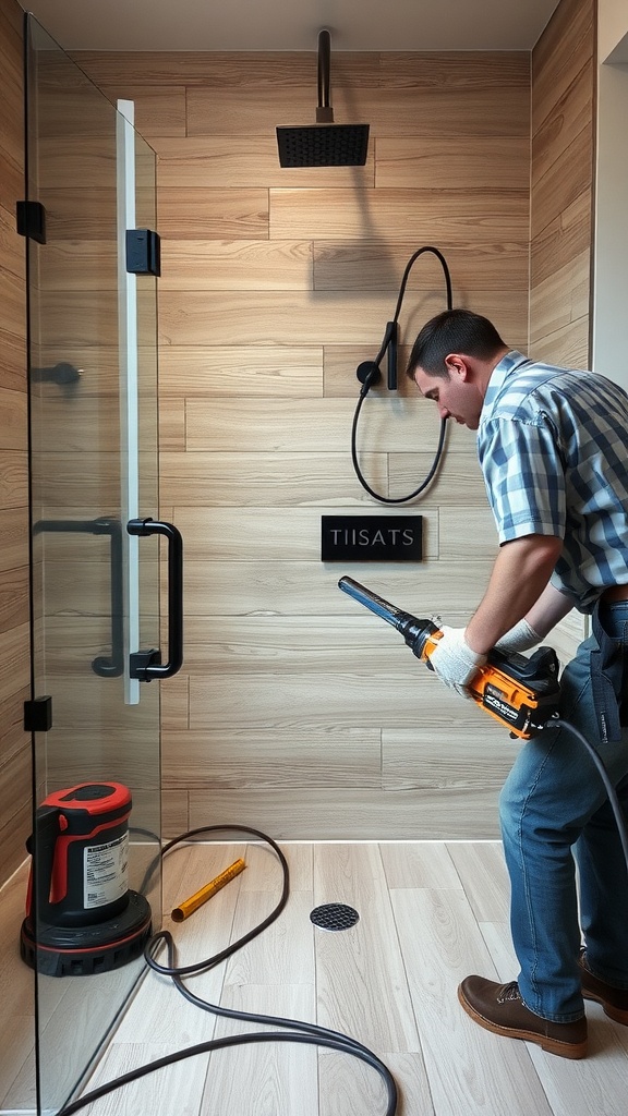 A person installing wood look tiles in a shower, using a vacuum and tools in a well-designed bathroom.
