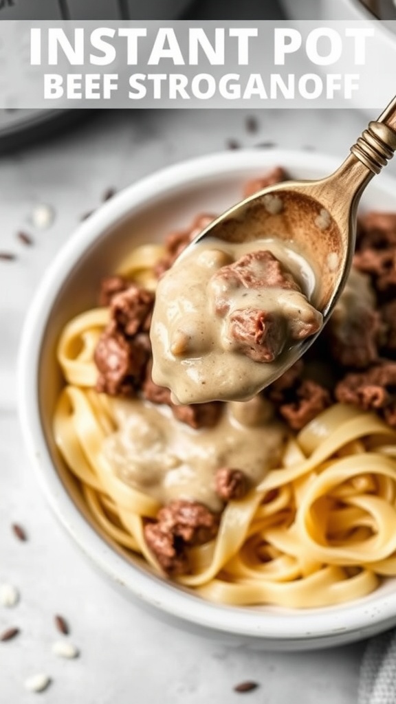 A bowl of creamy beef stroganoff served over egg noodles.