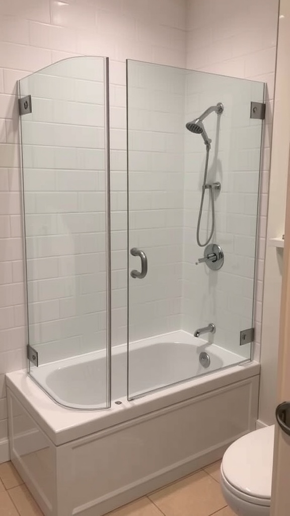 A small bathroom featuring an integrated bathtub and shower combo with glass enclosure.