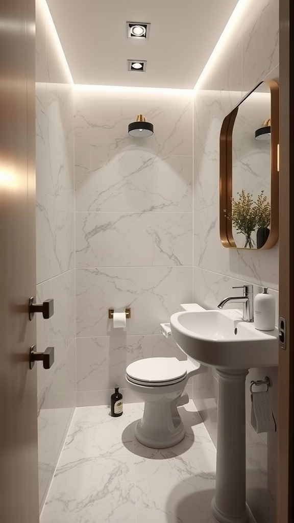 A small half bathroom featuring integrated lighting solutions with recessed lights and LED strips.