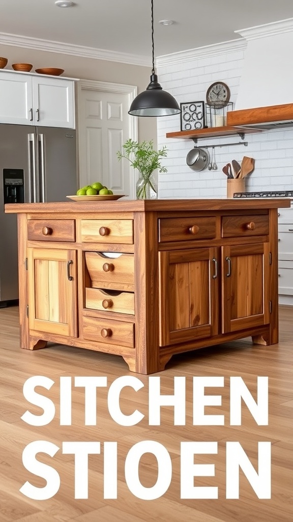 Rustic farmhouse kitchen island with integrated storage solutions.