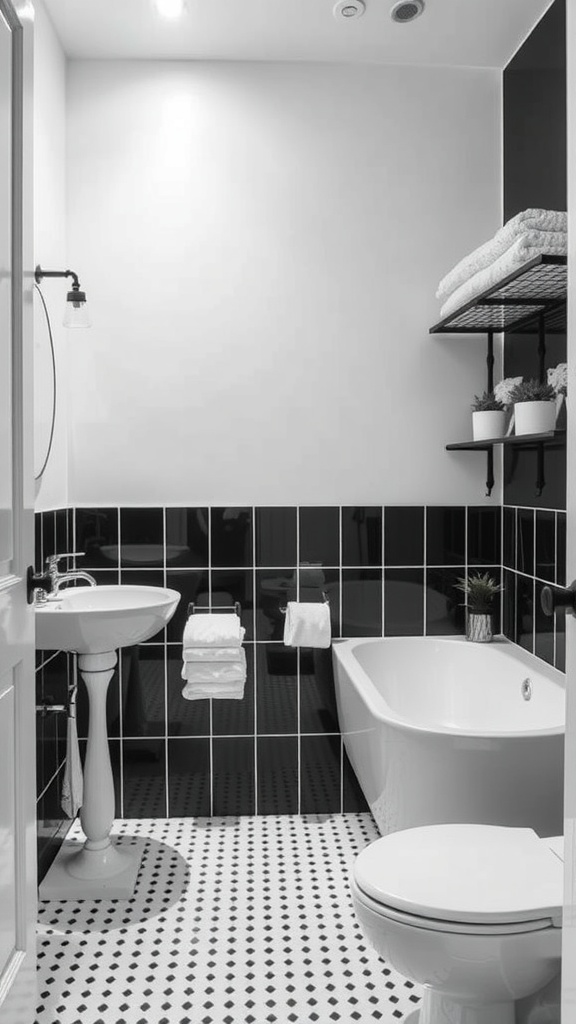 A black and white bathroom featuring integrated storage solutions, including shelving and a pedestal sink.
