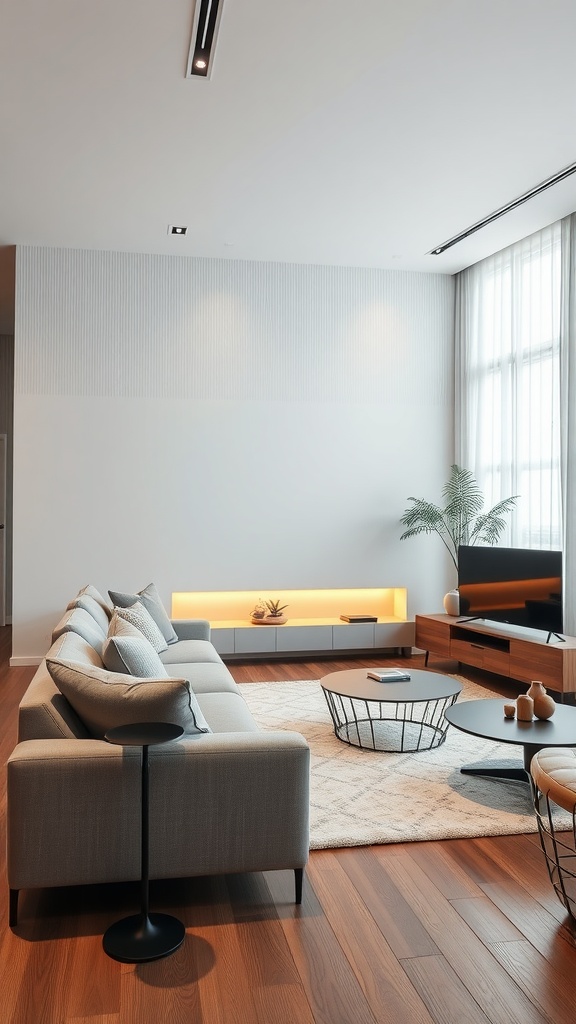Modern living room featuring a sleek sofa, a smart TV, and integrated technology solutions.