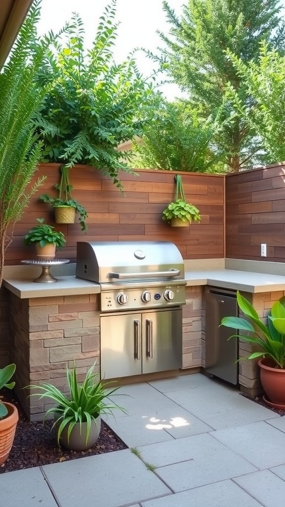 A small outdoor kitchen featuring a barbecue grill, stone base, and surrounding greenery.
