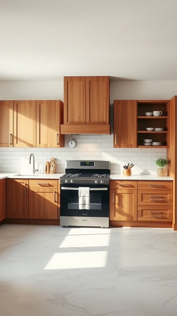 A modern kitchen featuring a wooden cabinet design and a stove integrated into the island.