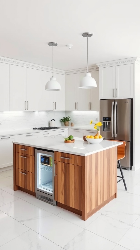 A modern kitchen island with built-in mini-fridge, wooden cabinetry, and countertop with fruit bowl.