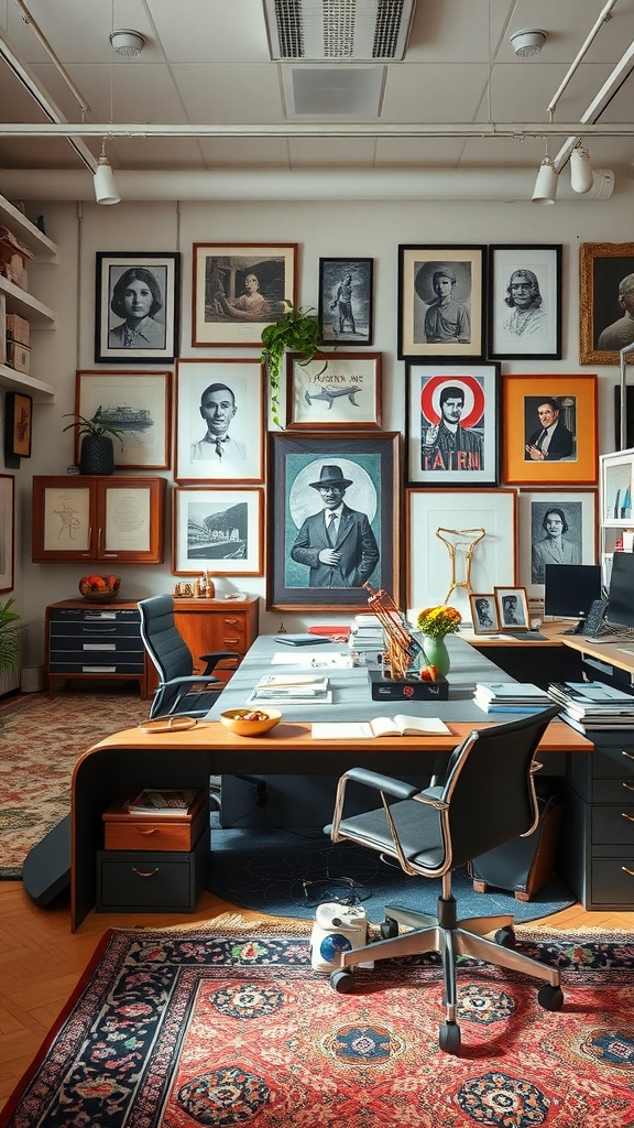 A corporate office featuring a large collection of framed portraits and artwork on the walls, with a modern desk and plant decorations.