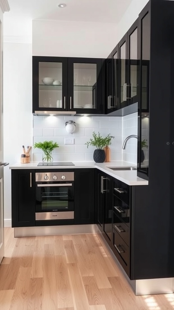 Compact modern kitchen with black cabinets, light countertops, and wooden flooring.