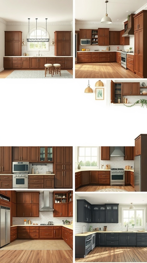 Various kitchen designs featuring different styles of brown cabinets.