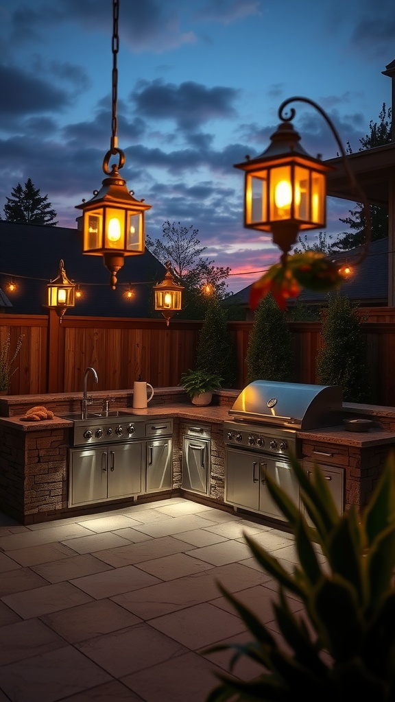 An outdoor kitchen with hanging lanterns and ground lighting under a colorful sky during twilight.