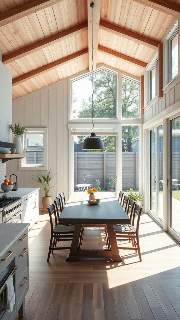 Bright modern farmhouse kitchen with large windows and a seamless indoor-outdoor connection.