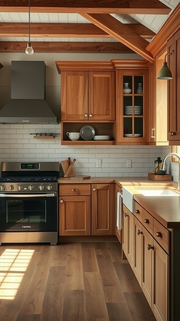A cozy farmhouse kitchen with wooden cabinets and modern stainless steel appliances.