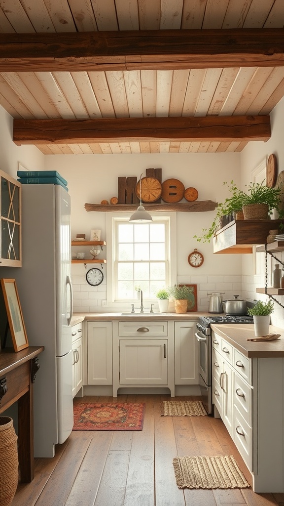 A cozy kitchen with white cabinets, wooden beams, and rustic decor elements.