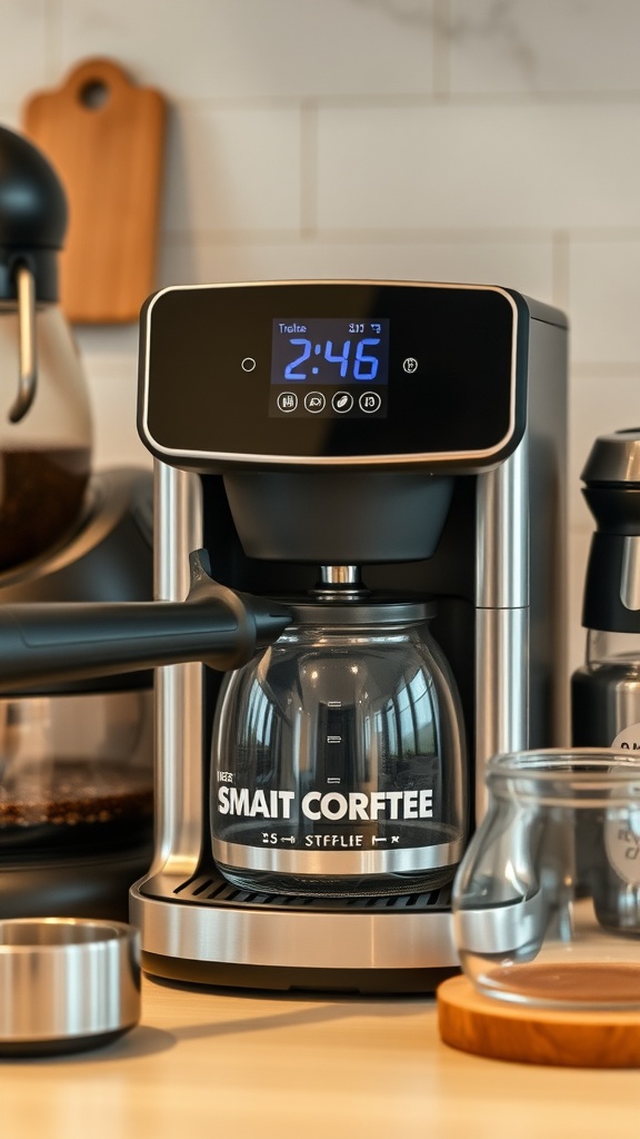 A modern coffee maker with a digital display, showcasing a sleek design and features for brewing coffee.
