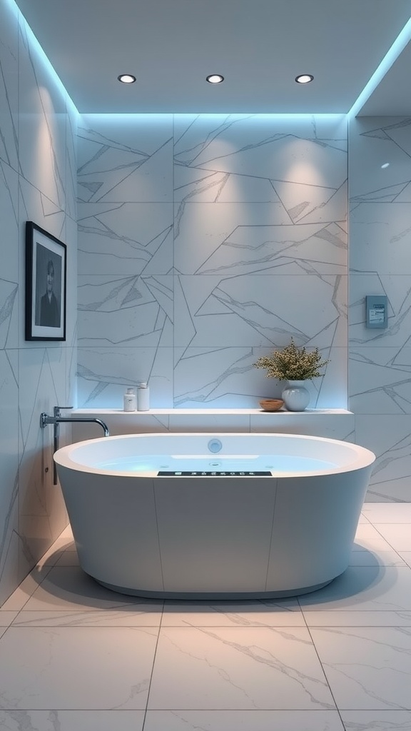 A modern bathroom featuring a stylish tub with smart lighting and minimalistic design elements.