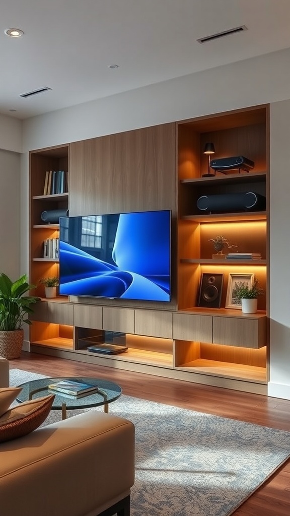 Modern living room with built-in shelves, television, and decorative items