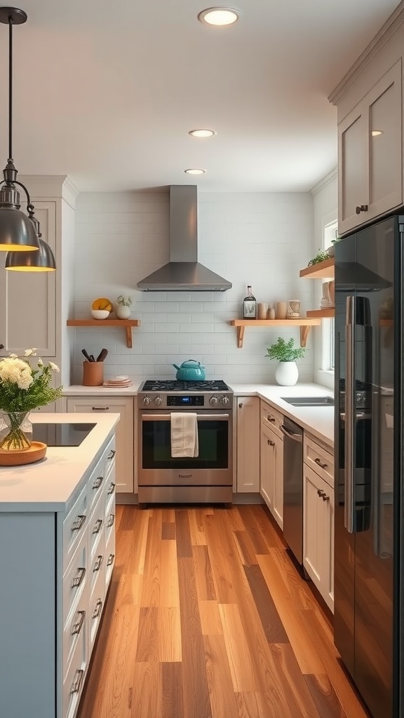 A modern farmhouse kitchen featuring a stove, open shelving, and wooden flooring.