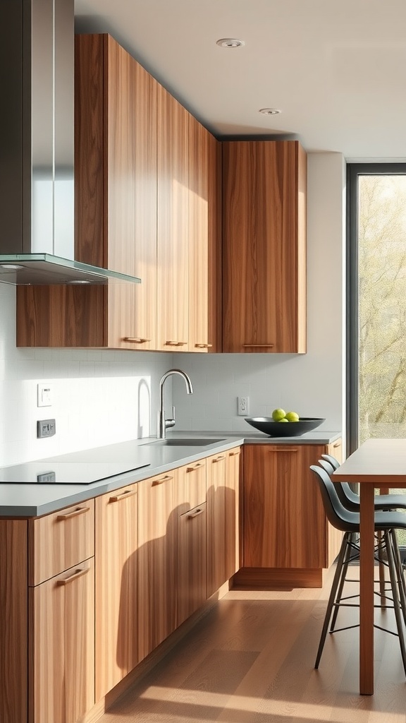 Modern kitchen featuring warm wood cabinets and a sleek gray countertop