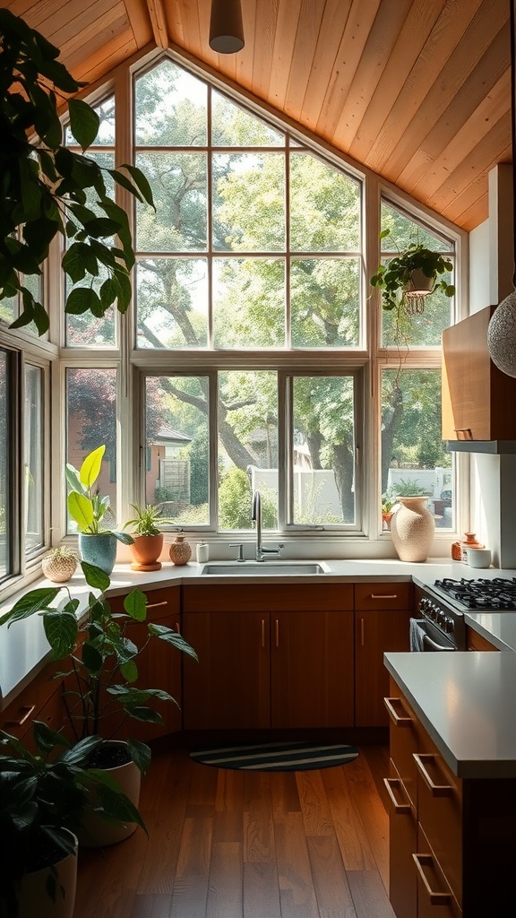 A mid-century modern kitchen featuring large windows with a view of greenery, wooden cabinetry, and indoor plants.