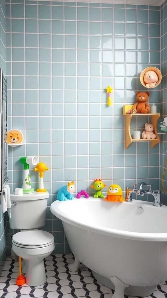 Bright kids bathroom with playful toys and accessories for bath time