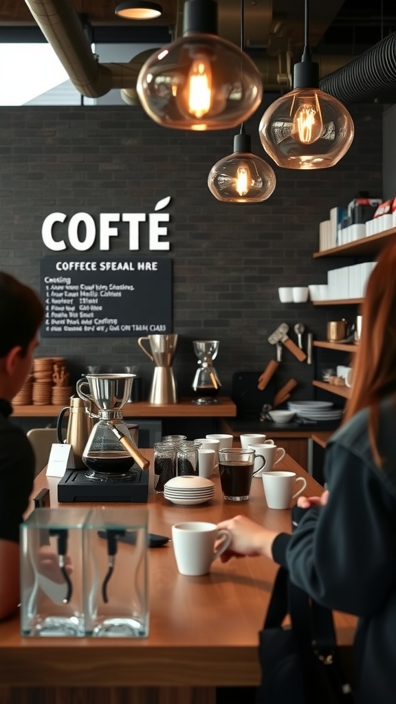 A cozy coffee bar setup with brewing tools and guests participating in a brewing demo.