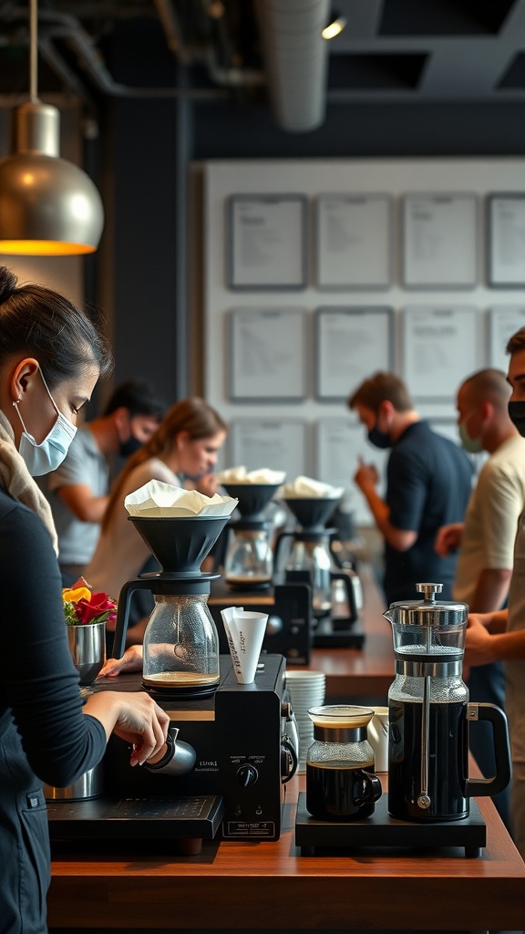 A coffee brewing station with people engaged in making coffee.