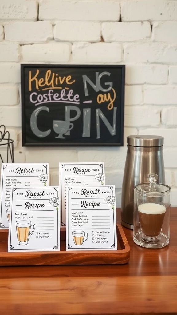 Interactive coffee recipe cards displayed at a coffee bar, featuring various coffee drink recipes.
