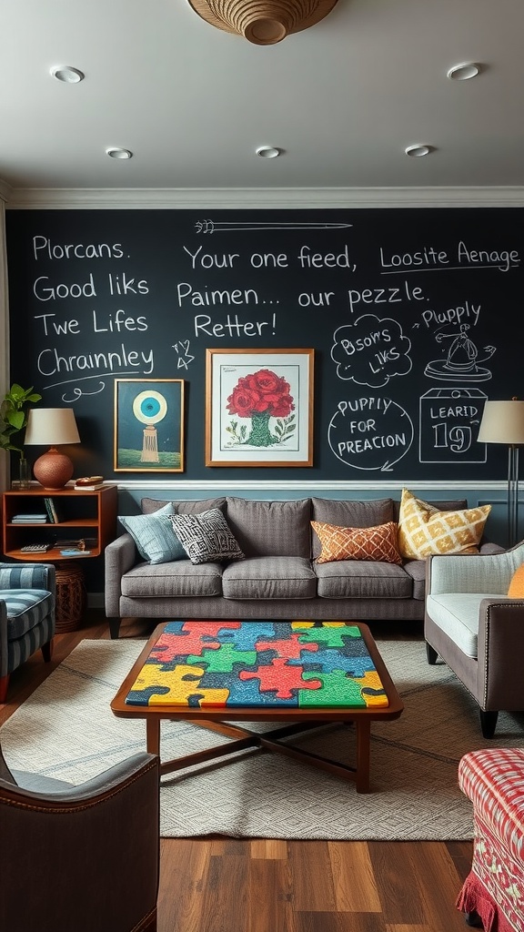 A whimsical living room featuring a chalkboard wall with handwritten notes and a colorful puzzle-style coffee table.