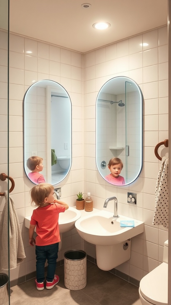 A child interacting with a modern bathroom mirror while standing at the sink.