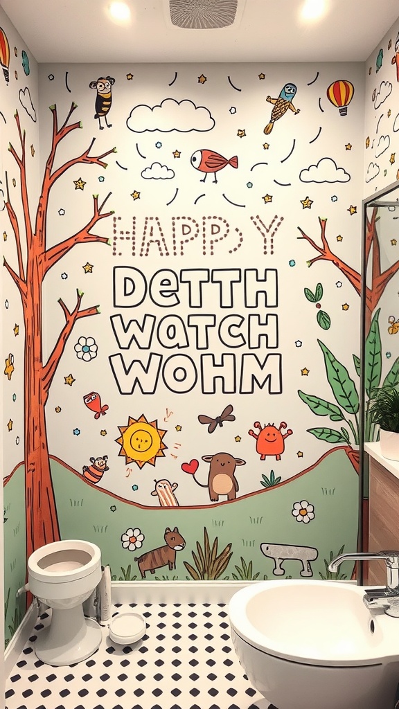 Colorful kids bathroom with interactive wall art featuring animals and playful designs.